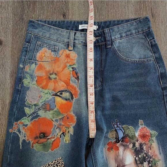 MissLook Women's Jeans Painted Floral Bird Fairy Raw Hem Small Blue - Picture 6 of 7